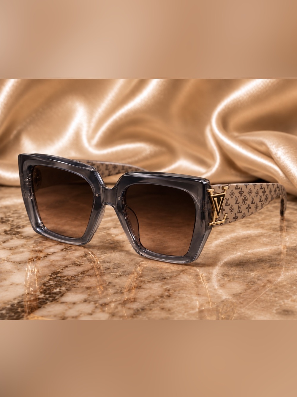 Smoky Gray LV Monogram Cat Eye Sunglasses With Gold Logo